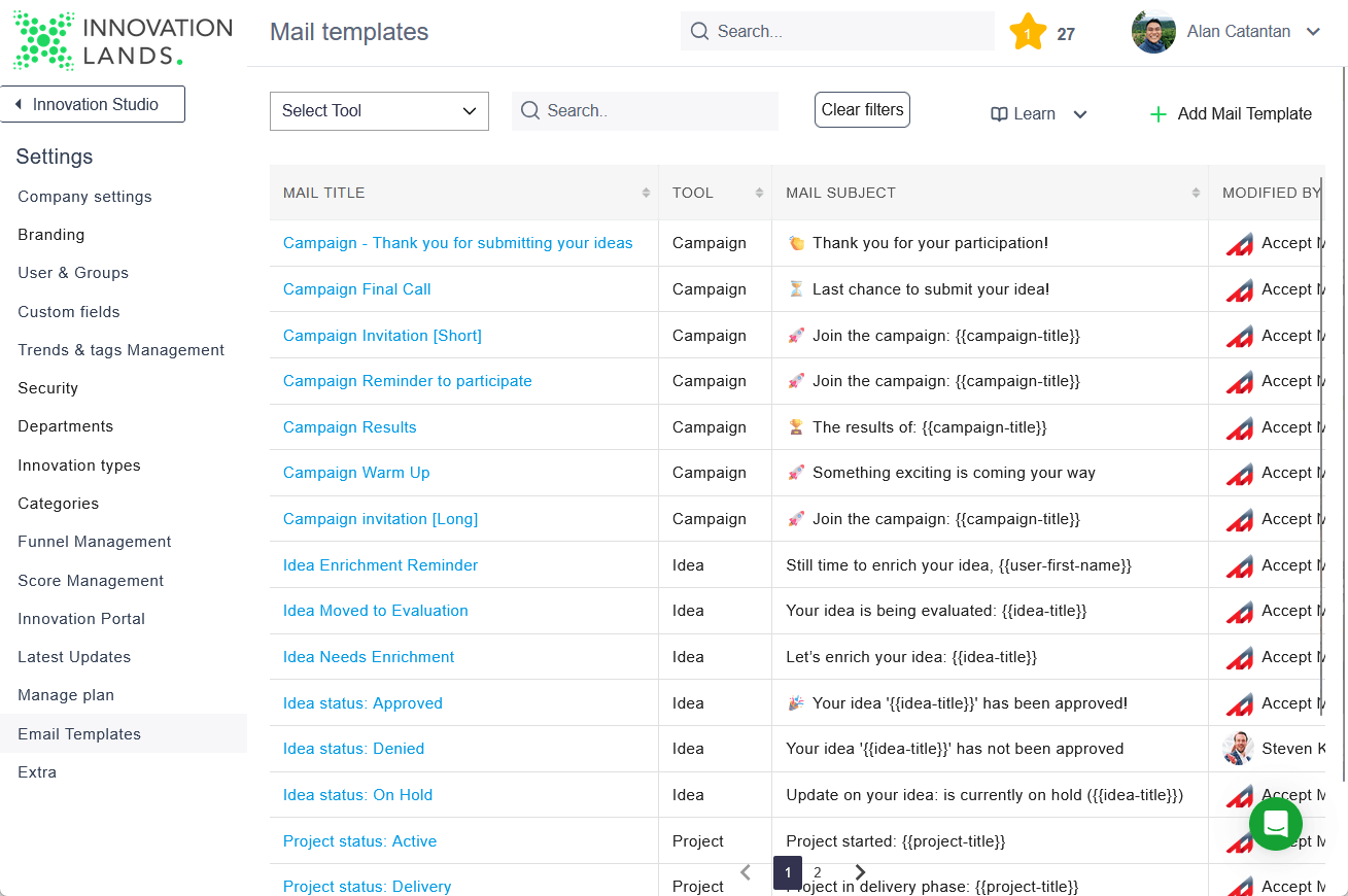 mail templates screen