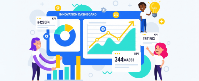 Illustratie van een team dat samenwerkt aan een innovatiedashboard.