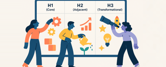 Een illustratie van drie personen die werken aan een bord dat de Drie Horizonnen van Innovatie voorstelt.