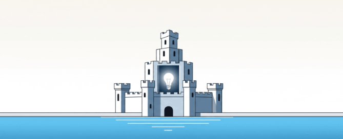 Een kasteel met een gloeiende gloeilamp erin, als symbool voor het beschermen van een intellectueel eigendomsidee