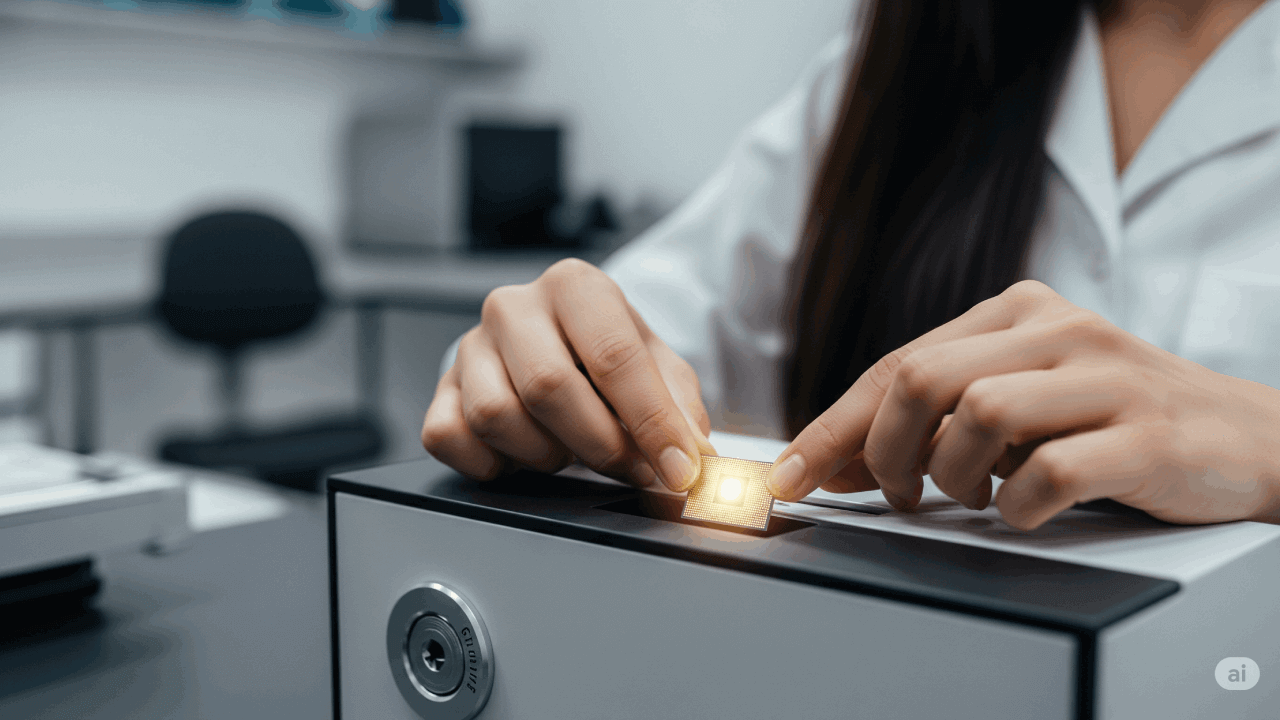 Een persoon die een gloeiende microchip in een kluis plaatst, wat een bedrijfsgeheim symboliseert