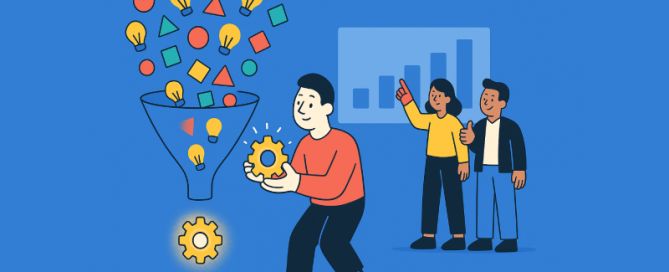 Corporate Memphis-illustratie van een innovatietrechter die ideeën omzet in een tandwiel, met een team dat een staafdiagram analyseert