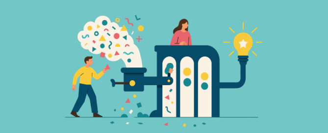 Abstracte illustratie van een innovatie-funnel als machine met mensen