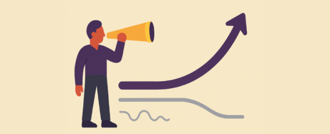 Een illustratie van een manager met een megafoon die de juiste trendlijn selecteert die leidt tot opwaartse groei