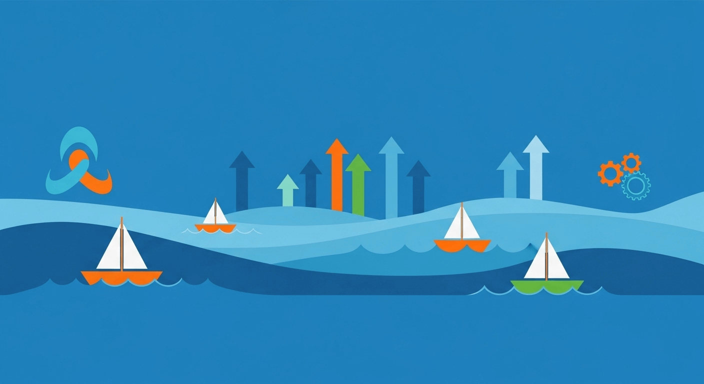 Flat design illustratie van de blue ocean strategie: blauwe zee met zeilboten die vrij bewegen, pijlen die omhoog wijzen in verschillende kleuren en tandwielen aan de rechterkant, symbool voor groei en innovatie.
