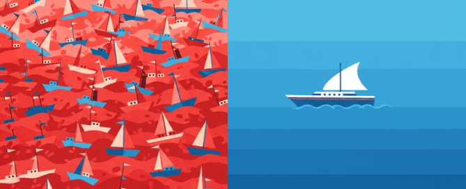 Illustratie met links een drukke rode oceaan vol kleine boten die vechten om ruimte en rechts een kalme blauwe oceaan met één zeilboot die rustig vaart, symbool voor red ocean versus blue ocean strategie.