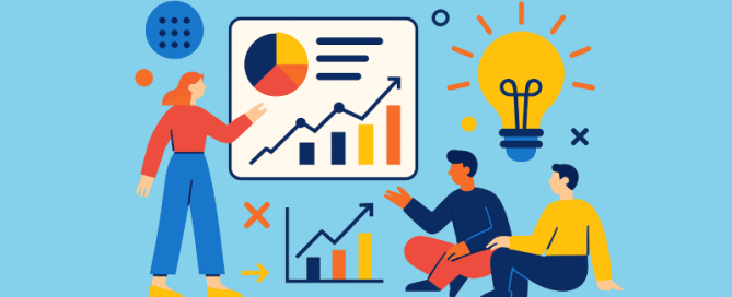 Drie mensen bespreken innovatie en groei met grafieken en een grote gloeilamp op de achtergrond
