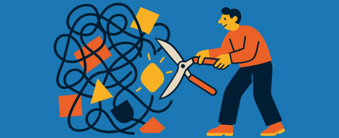 Illustratie van een persoon die met grote snoeischaren een wirwar van lijnen en vormen wegknipt, waardoor een enkele heldere, gloeiende vorm zichtbaar wordt, als symbool voor helderheid en focus.