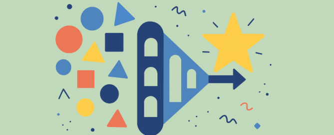 Abstracte Memphis-stijl illustratie van kleurrijke vormen die door een trechter naar een heldere gele ster stromen op een licht saliegroene achtergrond