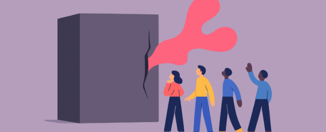 Een vlakke illustratie in Corporate Memphis-stijl toont een grote grijze monoliet met een scheur waaruit een vloeiende roze vorm ontsnapt. Vier abstracte menselijke figuren met disproportionele ledematen staan ernaast op een gedempte lila achtergrond en observeren de scène.