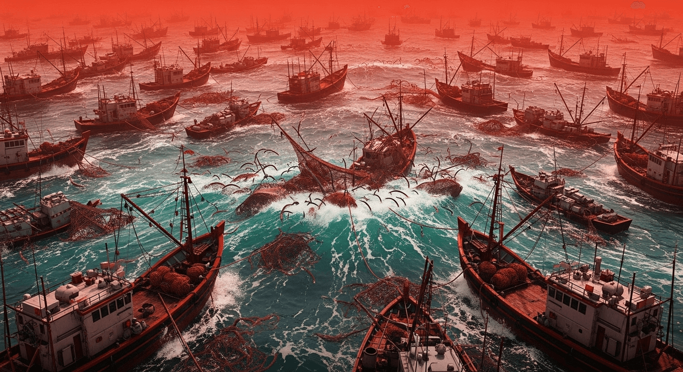 Realistische weergave van de red ocean strategie: talloze vissersboten die dicht op elkaar in een rood getinte zee vissen, met netten en vogels boven de woelige golven, wat hevige concurrentie symboliseert.
