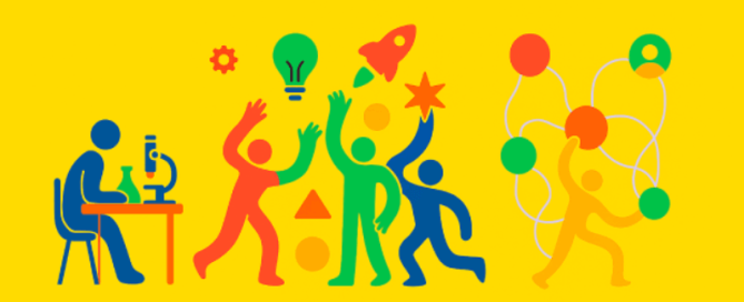Een kleurrijke, vlakke illustratie op een gele achtergrond met gestileerde figuren in rood, blauw, groen en oranje die samenwerken aan ideeën. Eén figuur werkt aan een microscoop, terwijl anderen symbolen van innovatie zoals een gloeilamp, raket en tandwiel vasthouden of ermee spelen.