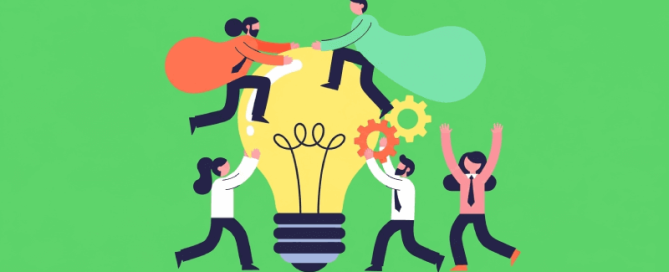 Illustratie van vier mensen die samenwerken rond een grote gloeilamp, wat samenwerking en innovatie symboliseert. Twee mensen staan bovenop de lamp en schudden handen, terwijl de anderen tandwielen vasthouden en juichen, tegen een groene achtergrond.