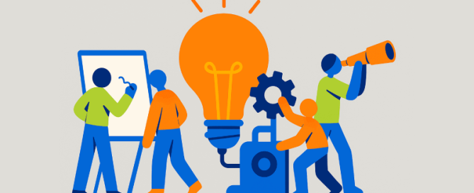 Vlakke illustratie van een team dat samenwerkt rond een grote gloeilamp, tandwiel en telescoop; symbool voor innovatie.