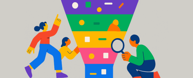 Illustratie van drie faceless mensen die samenwerken rond een kleurrijke trechter in lagen, waarbij één persoon met een vergrootglas kijkt en anderen naar boven wijzen — symbool voor innovatie- en conversieprocessen.