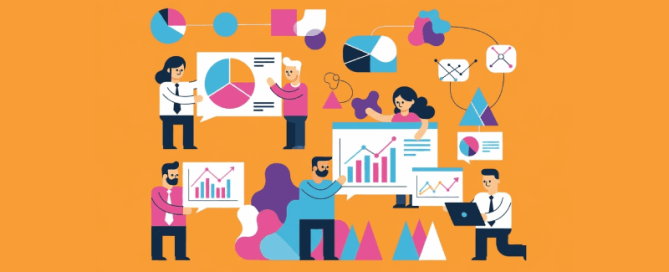 Vlakke illustratie van abstracte zakenmensen die grafieken, diagrammen en data op grote schermen analyseren, symbool voor innovatieportfoliobeheer.
