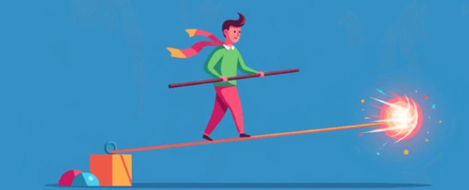 Illustratie van een man die in evenwicht loopt op een lange stok boven een doos, met een vuurachtige bal aan het uiteinde. Hij draagt een groene trui, rode broek en een sjaal die wappert in de wind, terwijl hij een balansstok vasthoudt