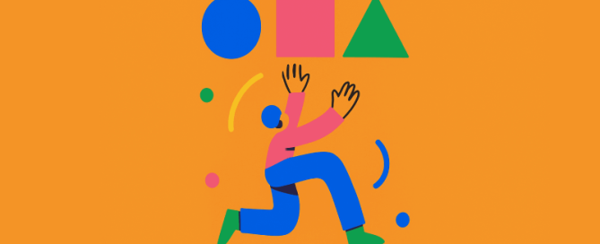 Een kleurrijke, abstracte illustratie van een persoon die voorover rent of leunt met de armen omhoog, omringd door zwevende geometrische vormen zoals een blauwe cirkel, roze vierkant, groene driehoek, en verschillende kleine stippen en gebogen lijnen, geplaatst tegen een effen oranje achtergrond. De stijl is speels, gedurfd en minimalistisch.