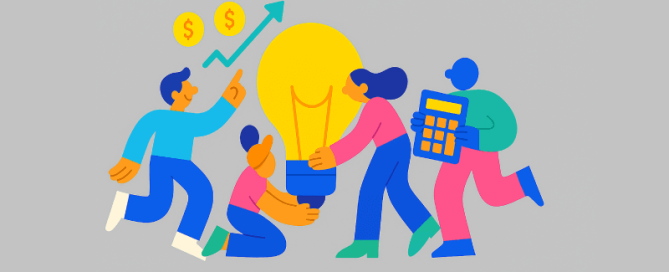 Een illustratie van vier mensen die samenwerken om een grote gloeilamp vast te houden, terwijl één persoon wijst naar een opwaartse pijl en dollartekens, als symbool voor teamwork en innovatie.