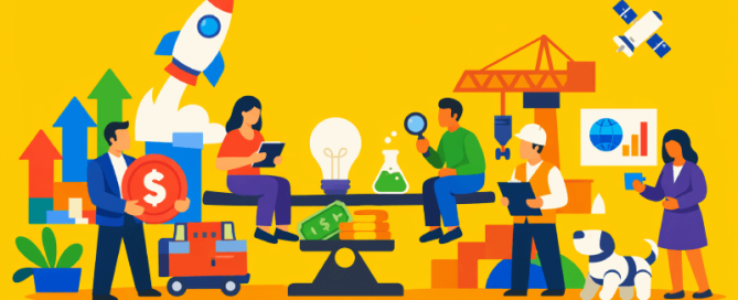 Platte Corporate Memphis-illustratie van teams die geld, ideeën en experimenten verdelen over meerdere projecten, als weergave van hoe een innovatiebudget wordt toegewezen over een diverse portfolio.