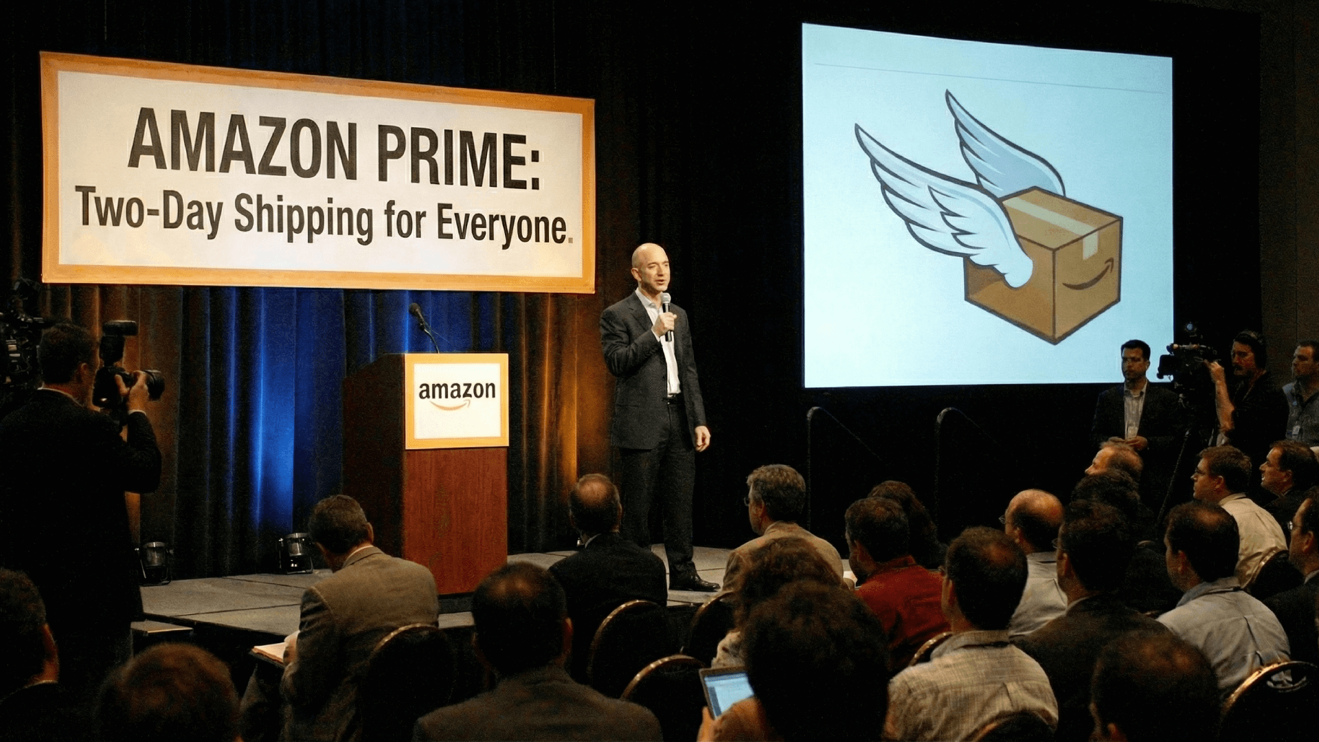 Een keynote-presentatie over de lancering van Amazon Prime, met een spreker op het podium en een scherm met een gevleugeld pakket als symbool voor snelle levering.