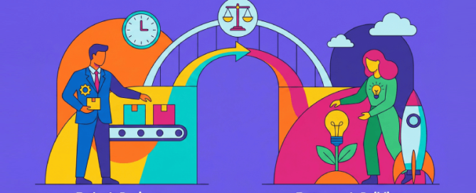 Platte illustratie die de balans toont tussen het managen van de huidige bedrijfsvoering en het bouwen aan toekomstige innovaties.