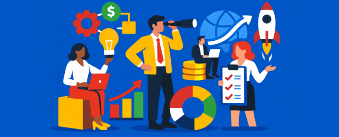 Platte illustratie van zakelijke professionals die grafieken, ideeën en groeisymbolen analyseren, als weergave van businessmodelinnovatie en strategische planning.