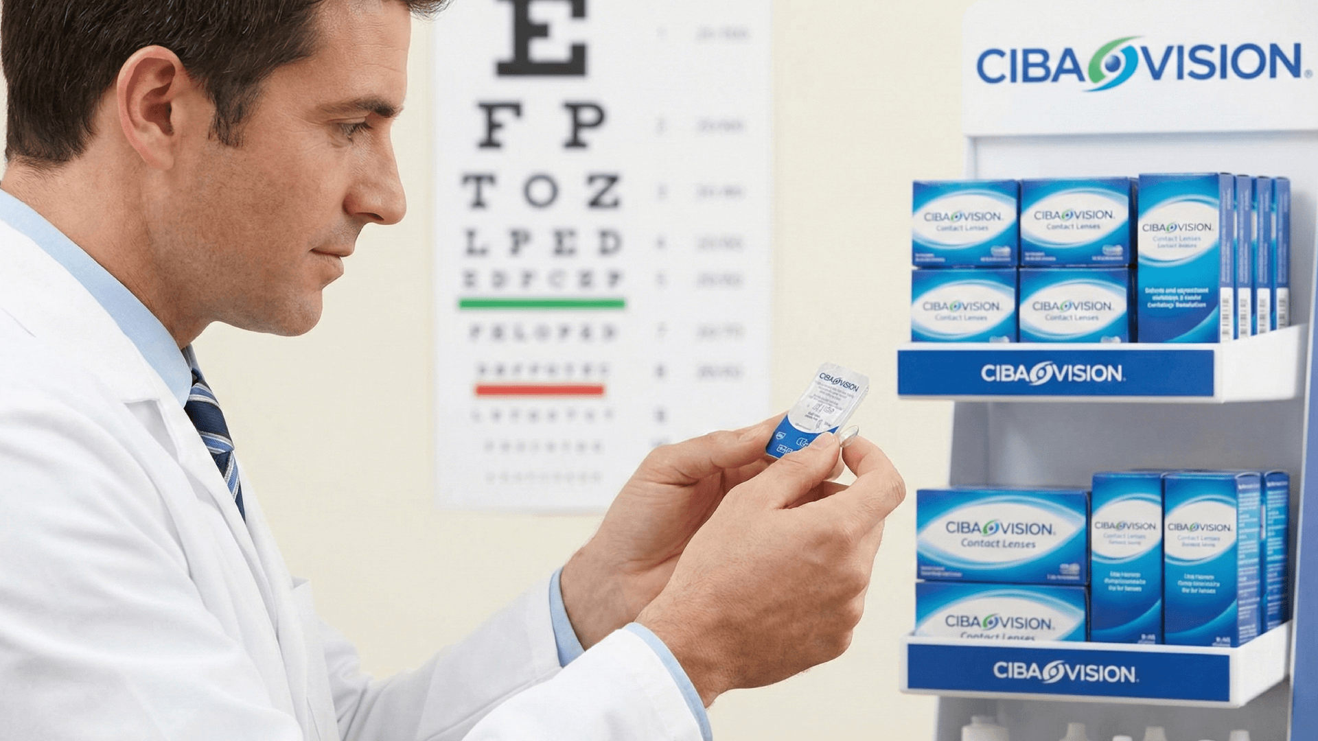 Een optometrist die een contactlensverpakking bekijkt in een kliniek, met een CIBA Vision-productdisplay en een oogtestkaart op de achtergrond.