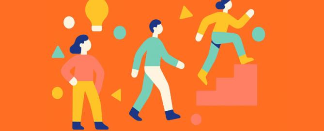 Vlakke illustratie van drie abstracte personen op een oranje achtergrond, waarvan één een trap oploopt naar een lampicoon.