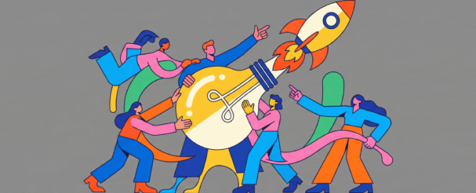 Platte illustratie in Corporate Memphis-stijl met abstracte figuren met overdreven ledematen die samenwerken om een gloeilamp te lanceren die verandert in een raket, op een effen grijze achtergrond.