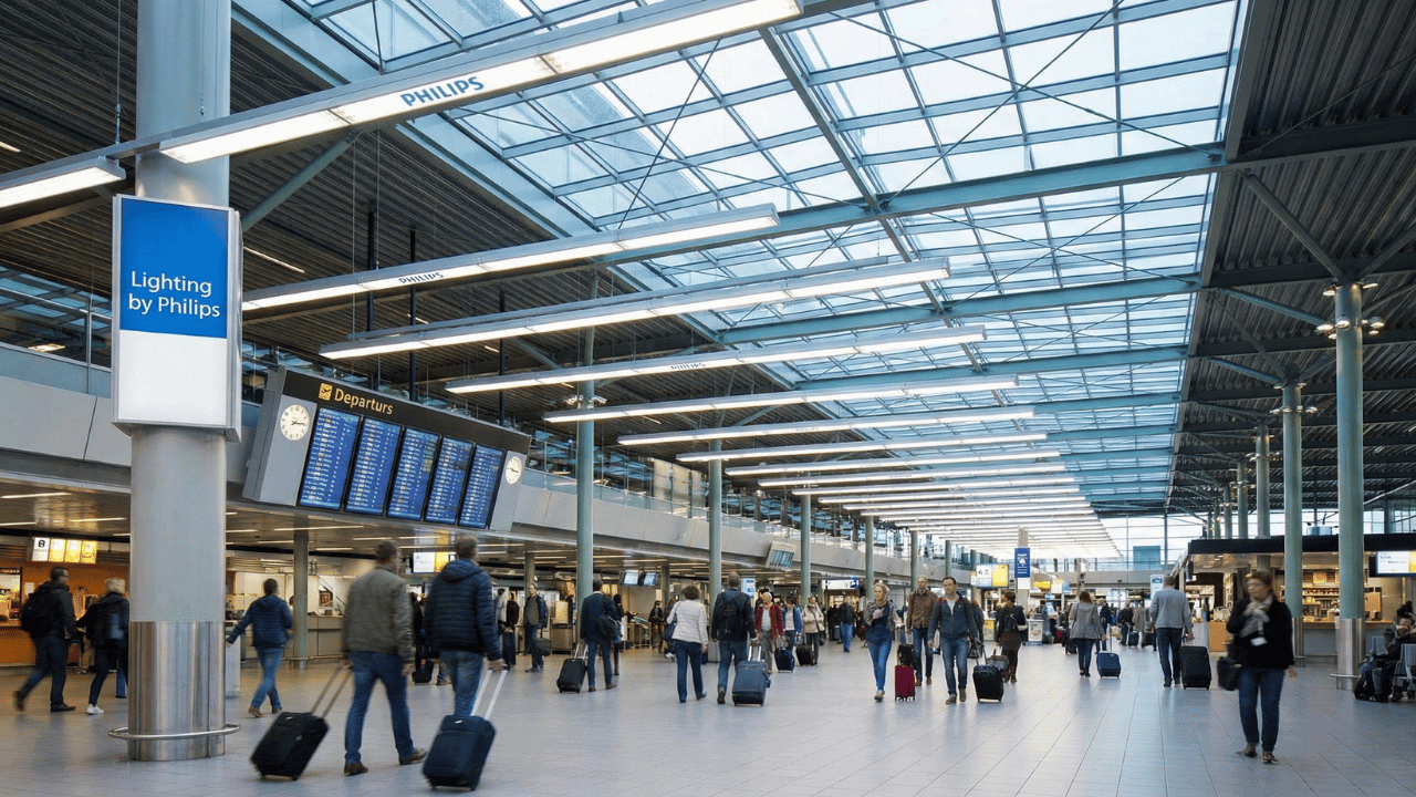 Interieur van de terminal van luchthaven Schiphol in Amsterdam met verlichtingssystemen van Philips die de ruimte verlichten en reizigers begeleiden.