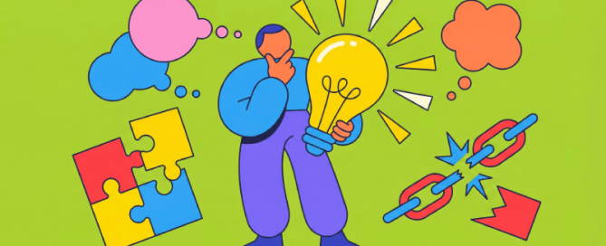 Een kleurrijke illustratie in Corporate Memphis-stijl van een persoon die een felgele gloeilamp vasthoudt terwijl hij nadenkt. Denkballonnen, puzzelstukken en een gebroken ketting staan om hem heen op een effen groene achtergrond, als symbool voor creativiteit, probleemoplossing en het doorbreken van beperkingen.