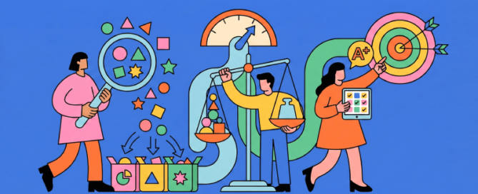 Platte illustratie van een team dat projecten beoordeelt met meetinstrumenten, weegschalen en doelen om een innovatieportfolio te scoren.