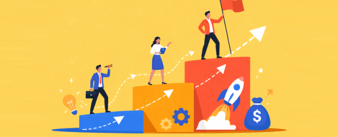 Illustratie van professionals die oplopende stappen beklimmen, als symbool voor bedrijfsgroei, innovatie-mijlpalen en toenemende opbrengsten.