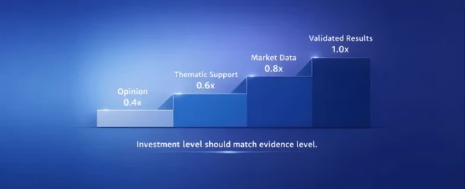 Trappen-diagram met vier oplopende bewijslagen voor idee-scoring, “Opinion (0,4x)”, “Thematic Support (0,6x)”, “Market Data (0,8x)” en “Validated Results (1,0x)”, met de tekst “Investment level should match evidence level” op een blauw verloop als achtergrond.