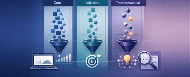 Illustratie met drie innovatiebanen, “Core”, “Adjacent” en “Transformational”, elk met een eigen trechter die items naar beneden filtert, aangevuld met icoontjes voor analytics, doelstellingen en evaluatie, op een blauw-paarse gradient achtergrond.