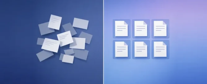 Voor-en-na illustratie gesplitst door een verticale lijn, links een rommelige stapel losse documentkaarten en rechts dezelfde documenten netjes geordend in een strak 2×3 raster, op een blauw verloop als achtergrond.