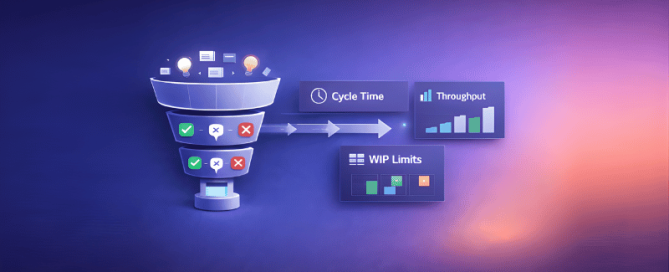 Illustratie van een idee-trechter die naar rechts stroomt met panelen “Cycle Time”, “Throughput” en “WIP Limits”, op een blauw-paarse gradient achtergrond met zachte gloed.