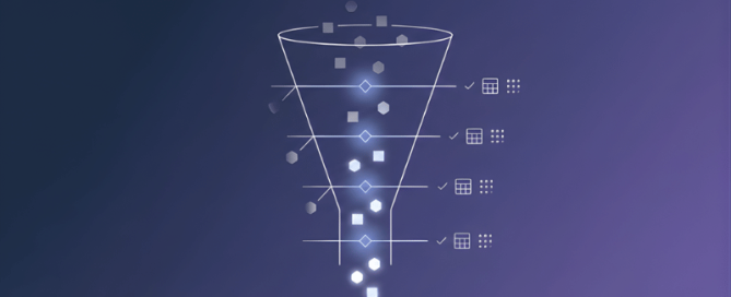 Een moderne infographic die een dataverwerkingstrechter illustreert. Een grote transparante trechter toont datapunten (hexagonen, vierkanten) die aan de bovenkant binnenkomen en door vier verschillende fasen, gemarkeerd met ruitvormige knooppunten, worden gefilterd. Elke fase heeft validatie-iconen aan de rechterkant (vinkje, raster). Alleen een verfijnde set van gloeiende datapunten komt uit de smalle onderkant tevoorschijn. De achtergrond is een strak blauw-naar-paars verloop.