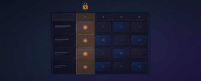 Een donkerblauw scorecard-raster met een hangslotpictogram dat één vergrendelde kolom benadrukt, als weergave van beheerst innovatiescoren