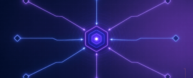 Abstract diagram met meerdere lijnen die samenkomen in een centraal hexagonaal knooppunt, als symbool voor gestructureerde cross-functionele besluitvorming.