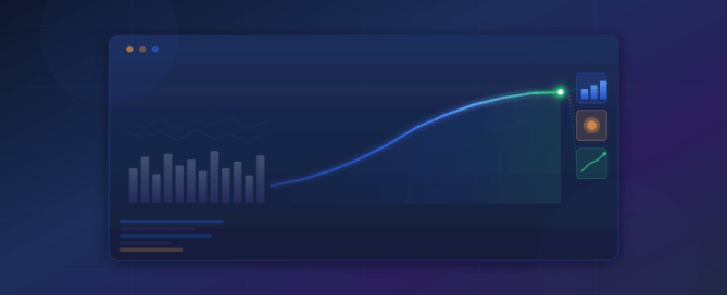 Minimalistische illustratie van een innovatiedashboardinterface met een stijgende trendlijn, activiteitsbalken en statusindicatoren op een donkere achtergrond.