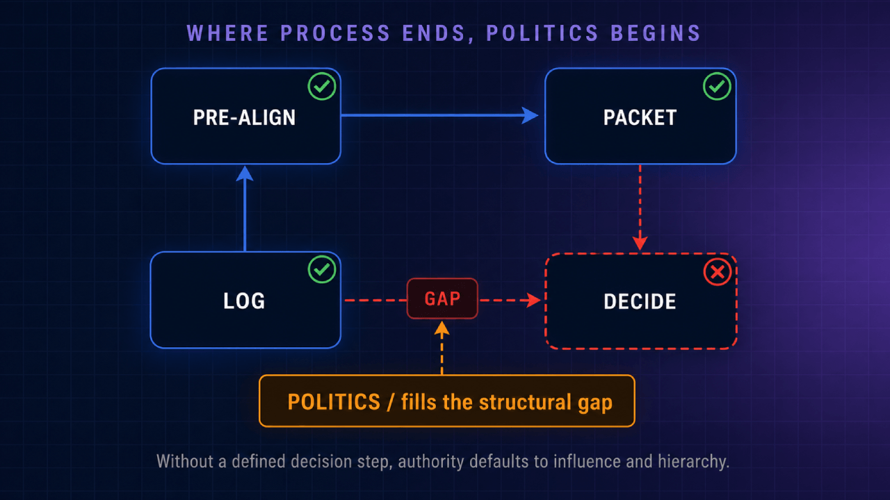 Proceslusdiagram met de stappen pre-align, pakket, beslissen en loggen, met een onderbreking bij de beslissingsstap met de tekst "politics fills the structural gap."