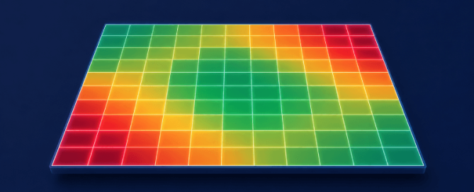 Een isometrisch portfolioheatmap-raster op een donkere indigogradiënt, met cellen die oplichten van diepgroen in rustige zones via amber naar verzadigd rood in overbelaste hoeken — als weergave van hoe een capacity heatmap laat zien waar een innovatieportfolio onder druk staat.