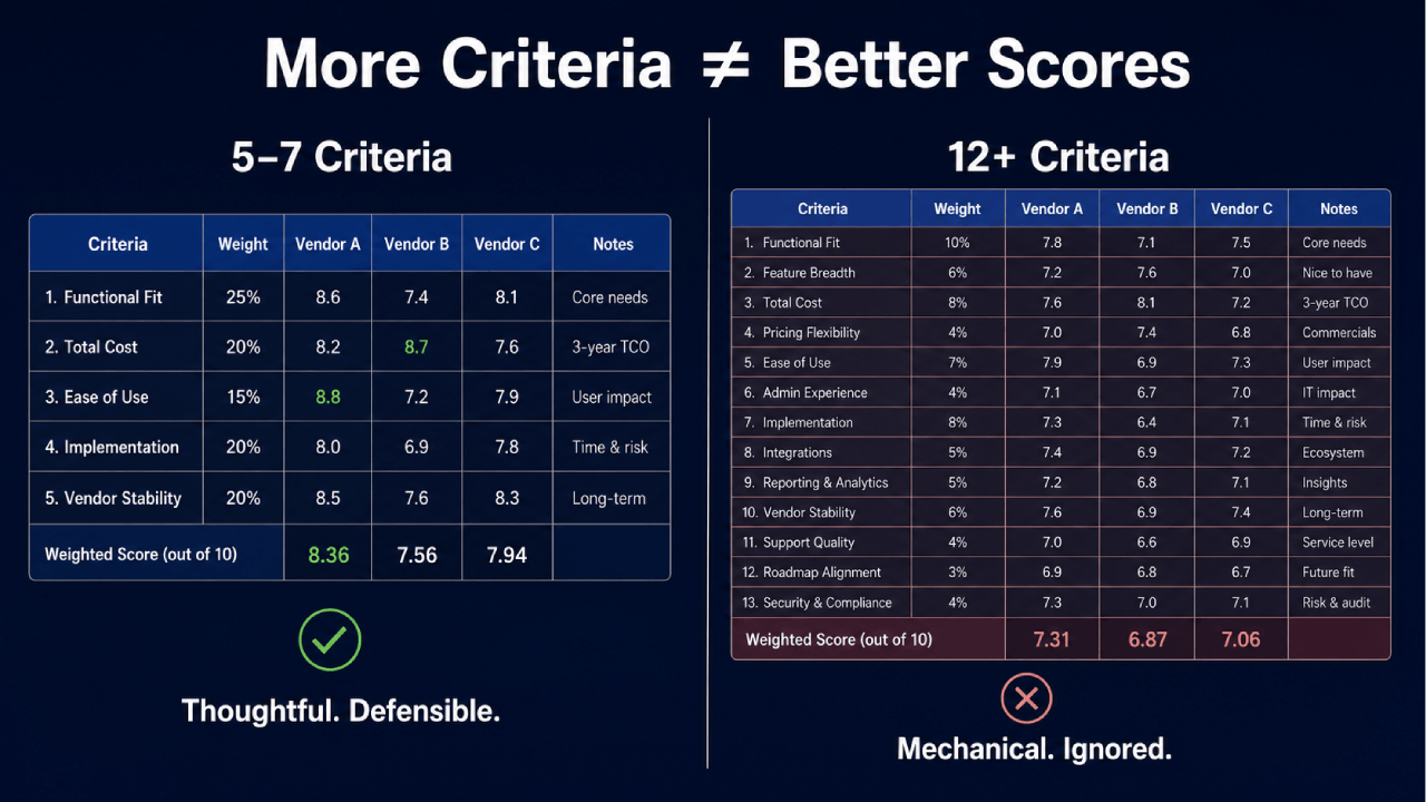 Twee scorecards vergeleken: 5–7 criteria als doordacht en verdedigbaar tegenover 12+ criteria als mechanisch en genegeerd.