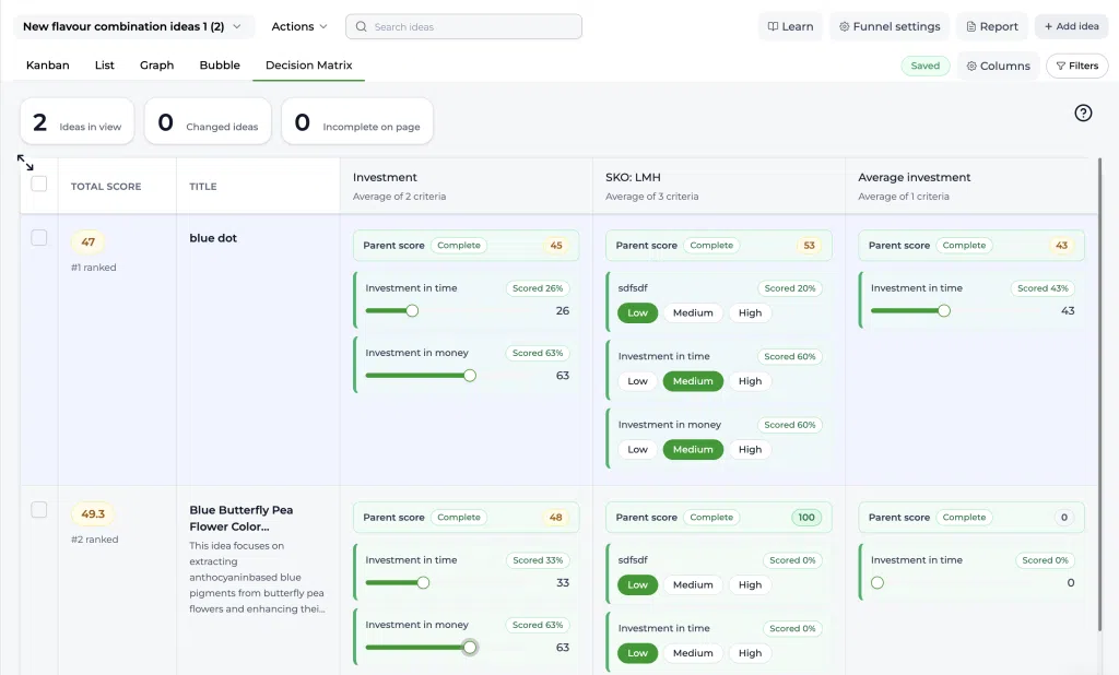 Beslissingsmatrix in Accept Mission met twee gerangschikte ideeën gescoord over gewogen criteriagroepen en hoofdscores.