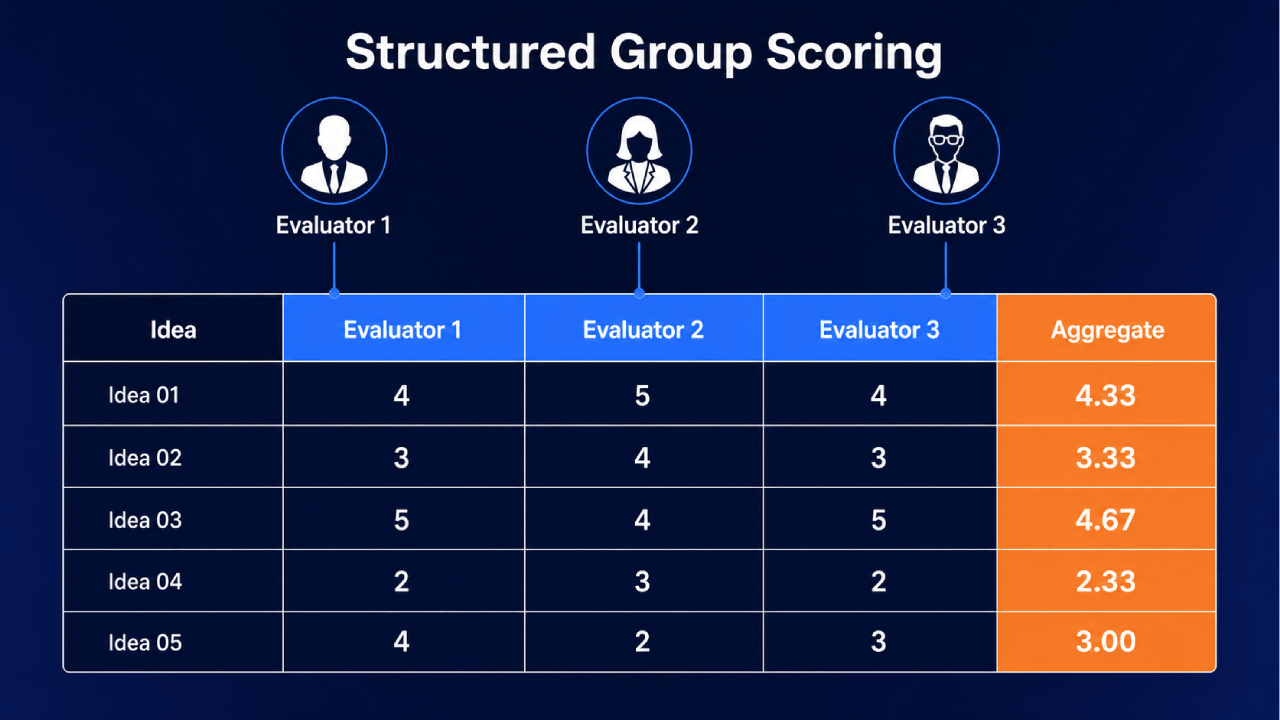 Evaluatiematrix met drie beoordelaars die vijf ideeën onafhankelijk scoren, met geaggregeerde scores in de laatste kolom.