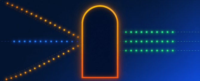 Abstracte headerafbeelding van ideestromen die samenkomen in een verlicht portaal op een donkerblauwe achtergrond.