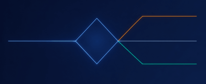 Abstracte illustratie van een ruitvormige gate op een donkerblauwe achtergrond, waarbij één lijn zich opsplitst in twee paden — als symbool voor een innovatiereviewer die ideeën in verschillende richtingen stuurt.