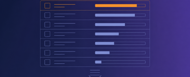 Een uitgelichte afbeelding van een gestructureerde prioriteringsscorekaart met rijen voor initiatieven en scorebalken, waarbij het hoogst gerangschikte item oranje is gemarkeerd, als weergave van de uitkomst van een gestructureerde prioriteringssessie.